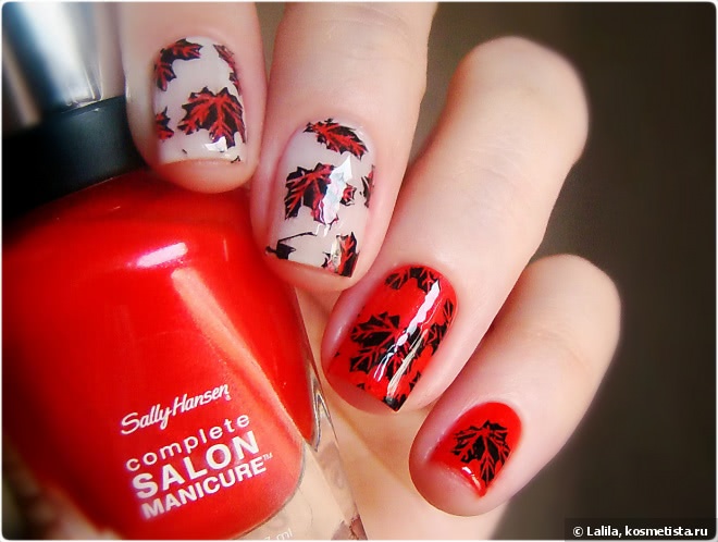 Sally Hansen Complete Salon Manicure Cherries To My Aries и осенний дизайн с плитой BornPrettyStore 024