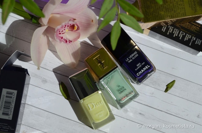 Весна'16 любимое лаковое: Dior Vernis #302 Garden; YSL #71 Peace Green; Chanel Le Vernis #683 Sunrise Trip