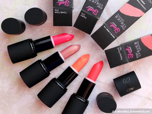 Sleek True colour lipstick - 773 Candy cane, 774 Peaches & cream, 775 Liqueur, 782 Papaya punch