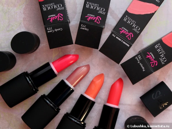 Sleek True colour lipstick - 773 Candy cane, 774 Peaches & cream, 775 Liqueur, 782 Papaya punch