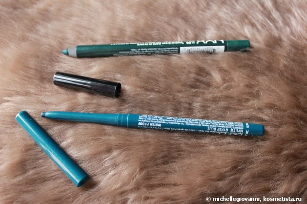 Nyx Slide on pencil в оттенке Tropical Green (sl09) и Nyx Retractable eye liner в оттенке Gypsy Blue (mpe18) - карандаши для глаз