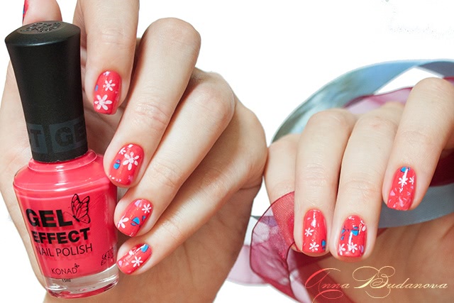 Konad Gel Effect Nail Polish №07 Reddish Pink и переводная фольга GL86
