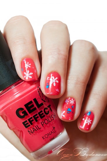 Konad Gel Effect Nail Polish №07 Reddish Pink и переводная фольга GL86