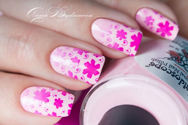 Стемпинг с диском Kaleidoscope №Kst-111 и лаками для стемпинга Kaleidoscope №st-14 fuchsia, №st-17 turguoise