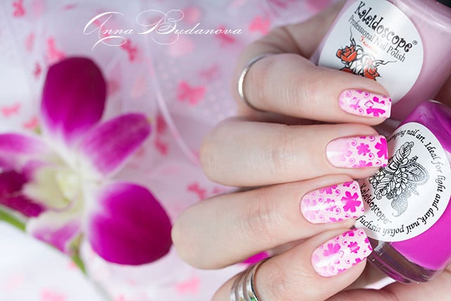 Стемпинг с диском Kaleidoscope №Kst-111 и лаками для стемпинга Kaleidoscope №st-14 fuchsia, №st-17 turguoise