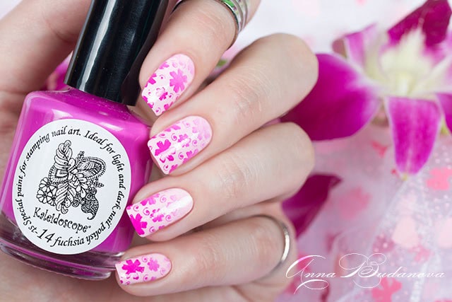 Стемпинг с диском Kaleidoscope №Kst-111 и лаками для стемпинга Kaleidoscope №st-14 fuchsia, №st-17 turguoise