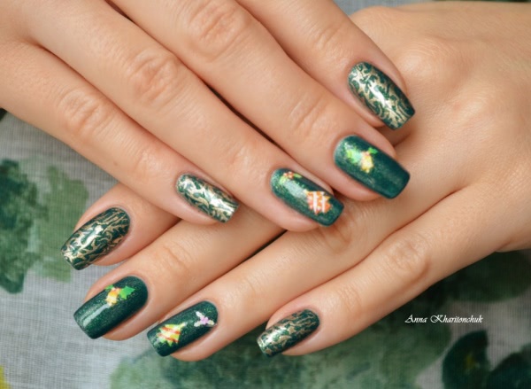 Kiko Sun Pearl nail lacquer # 428 River Green и новогодний дизайн