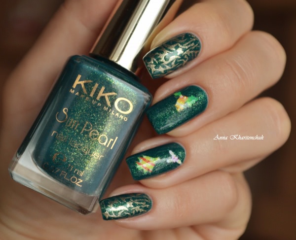 Kiko Sun Pearl nail lacquer # 428 River Green и новогодний дизайн