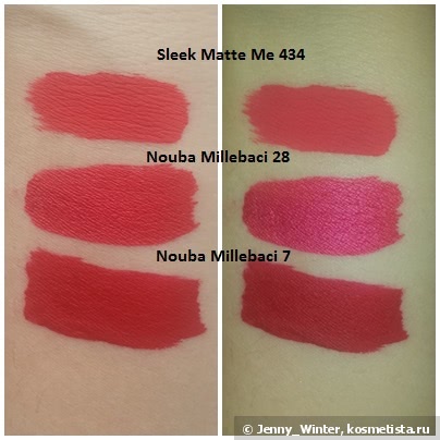Ещё один пост про матовые красные помады. Sleek MakeUp Matte Me #434 Party Pink, Nouba Millebaci #7, #28