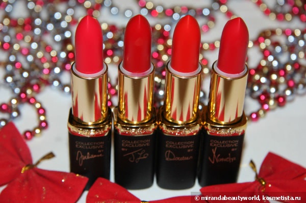 Губная помада L'oreal Color Riche Collection Exclusive Pure Reds - помады одной тональности, фото - обзор четырех оттенков: Doutzen, J Lo, Natasha, Julianne