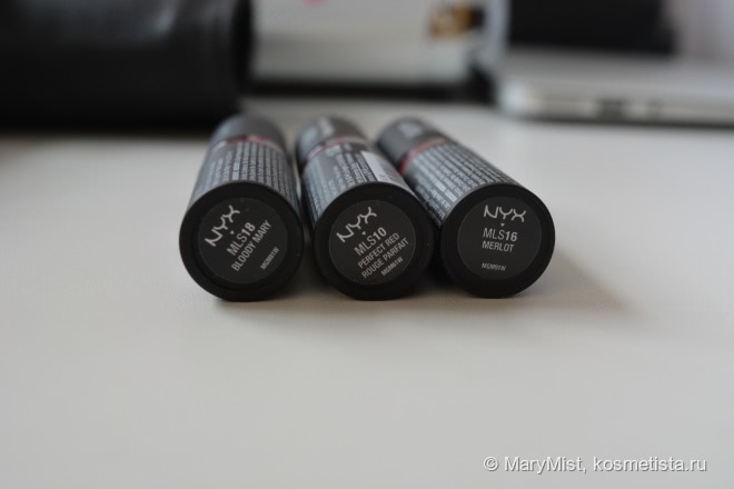 NYX Matte lipstick Bloody Mary (Mls18), Perfect Red (Mls10), Merlot (Mls16)