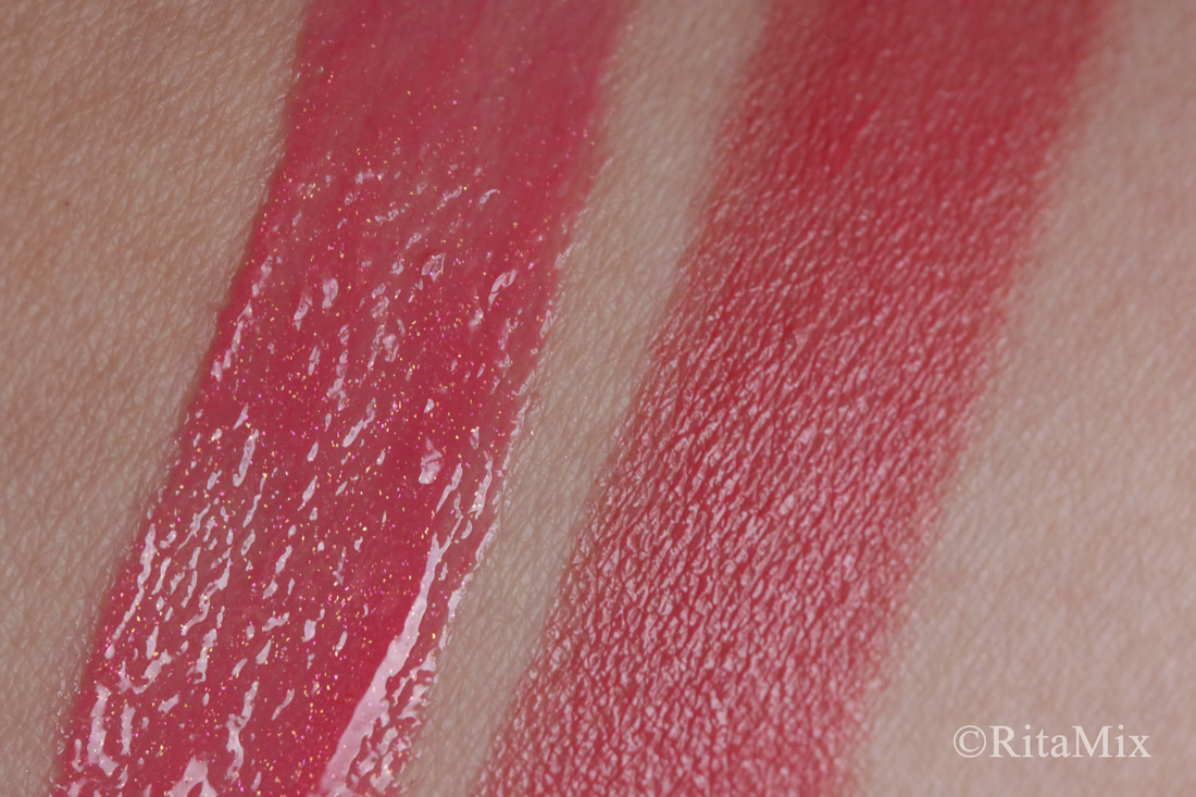 слева направо: блеск - Guerlain Gloss d’Enfer 465 Bubble Gum, помада - Guerlain Rouge G Exceptional Complete Lip Colour # 867 Merveilleux Rose