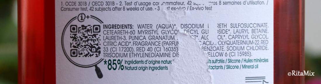 Aqua, disodium laureth sulfosuccinat, ceteareth-60 myristyl glycol, Decyl glucoside, lauryl betaine, laureth-3, punica granatum extract, alcohol, Caprylyl glycol, citric acid, parfum, maleic acid, polyquaternium-22, red 33 (ci 17200), red 40 (Ci 16035), sodium benzoate, sodium chloride, trisodium ethylenediamine disuccinate, yellow (ci 1598).
