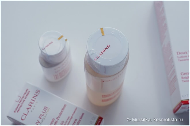 Clarins: Gentle Exfoliator Brightening Toner и Day Screen Multi-Protection SPF 50