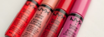 NYX butter gloss - 06 peach cobbler, 05 creme brulee, 12 cherry pie, 01 strawberry parfait