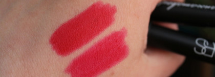Помады в карандашах Nars Velvet Matte Lip Pencil Dragon Girl и Romanovamakeup Sexy Lipstick Pen My Perfect Red. Похожие и разные