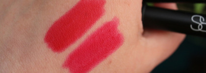 Помады в карандашах Nars Velvet Matte Lip Pencil Dragon Girl и Romanovamakeup Sexy Lipstick Pen My Perfect Red. Похожие и разные