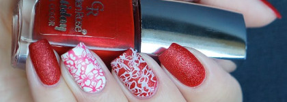 Красный "песок" Golden Rose Holiday #64 и стемпинг с плиткой серии Sunny Apple SA-12