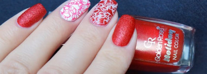 Красный "песок" Golden Rose Holiday #64 и стемпинг с плиткой серии Sunny Apple SA-12