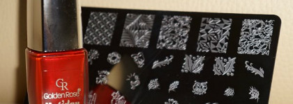 Красный "песок" Golden Rose Holiday #64 и стемпинг с плиткой серии Sunny Apple SA-12