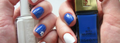 "Ромашковое" настроение с лаками Yves Saint Laurent La Laque Couture N 18 Bleu Majorelle и Essie Blanc