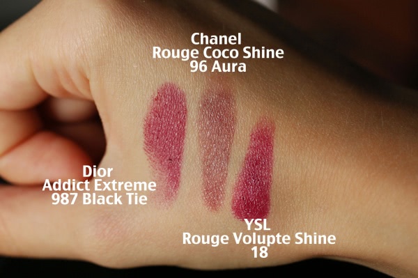Chanel Rouge Coco Shine Hydrating Sheer Lipshine #96 Aura, Estee Lauder Pure Color Envy Sculpting Lipstick #450 Insolent Plum