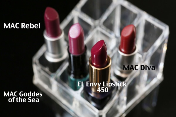 Chanel Rouge Coco Shine Hydrating Sheer Lipshine #96 Aura, Estee Lauder Pure Color Envy Sculpting Lipstick #450 Insolent Plum