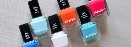 Яркая палитра июня - многоцветные маникюры с лаками Anny: Pool Party, Stormy Blue, Naked Venus, Pimp My City, Midtown Skyline, Poppy Pink
