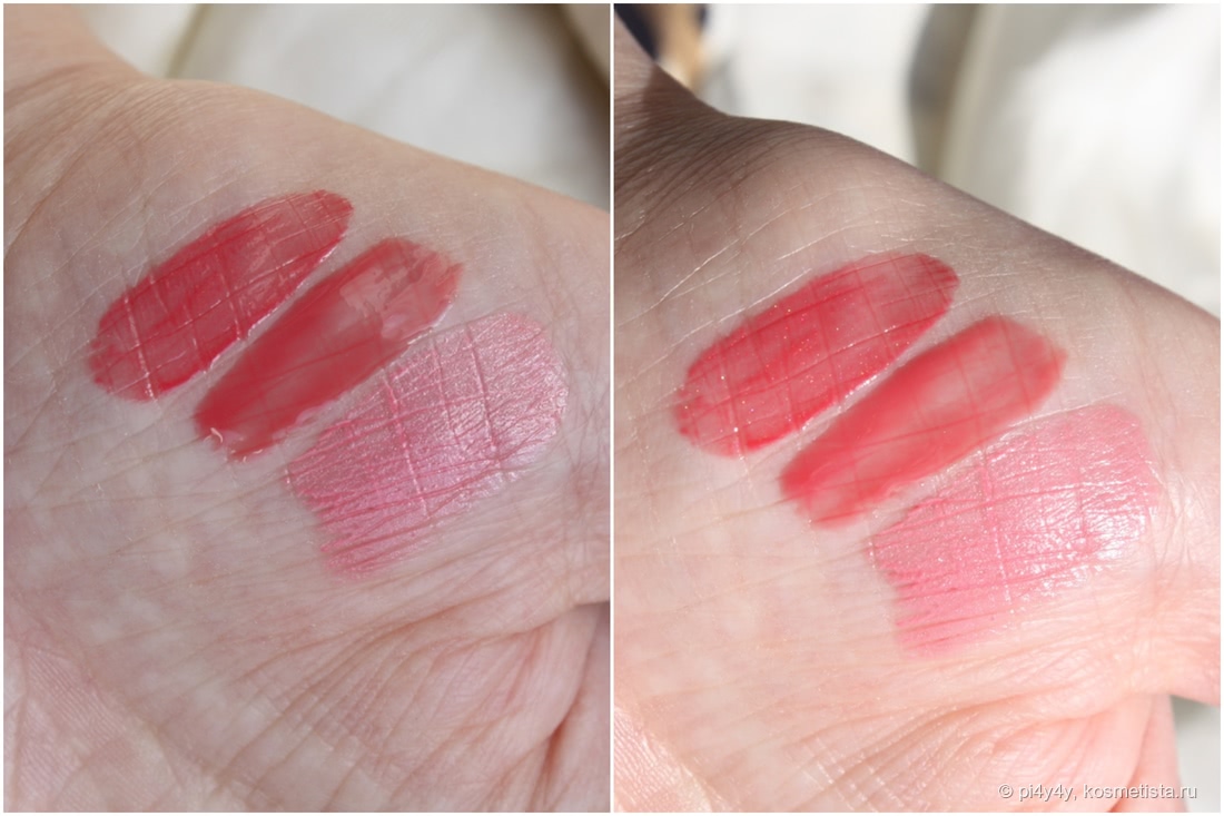 Слева: в тени, справа: на солнце. Оттенки справа налево: Guerlain Gloss d’Enfer #468 Candy Strip; Armani Flash Laquer #519; Shu Uemura Rouge Unlimited Lipstick #PK 340