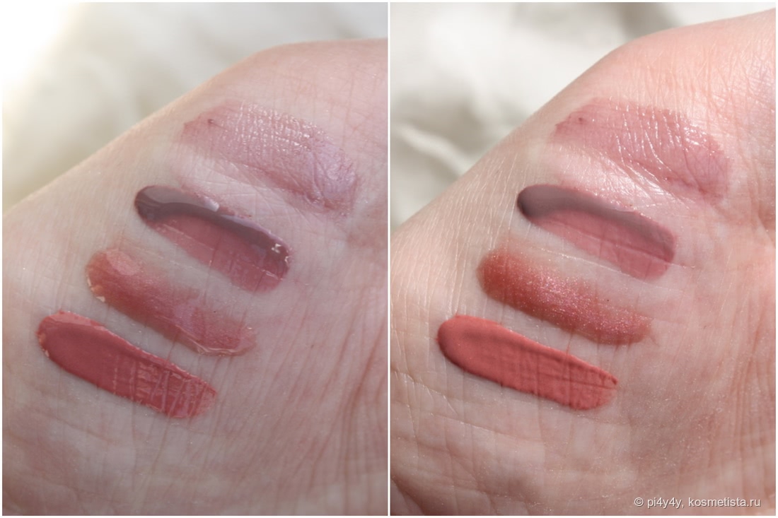 Слева: в тени, справа: на солнце. Оттенки снизу вверх: Shiseido Laquer Rouge #RD 203; Urban Decay Lip Junkie Lipgloss #Naked; Colourpop Ultra Glossy Lip #Finders Keepers creme; Givenchy Rouge Interdit Vinyl Pipstick #16 Noir Révélateur