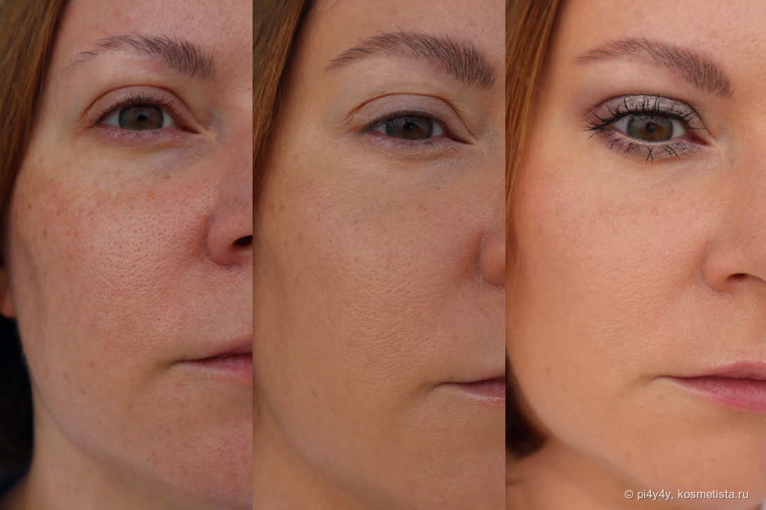 Слева направо: кожа только с санскрином Good Molecules - кожа с тональным и консилером - полный макияж