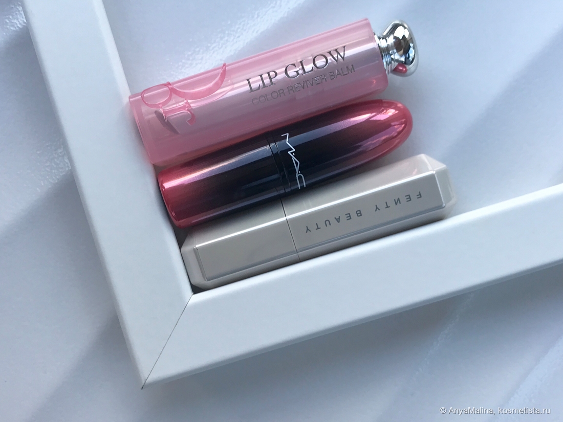 Dior Addict Lip Glow Color Reviver Balm в оттенке #020 Mahogany; Mac Love Me Lipstick Coffee&Cigs; Fenty Beauty Slip Shine Sheer Shiny Lipstick в оттенкеCookies & Cocoa