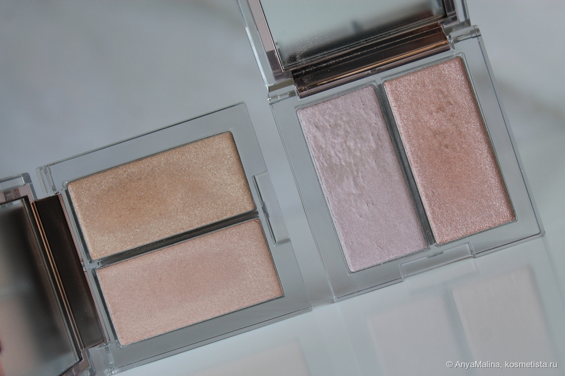 Слева оттенок Clio Prism Highlighter Duo 01, справа 02