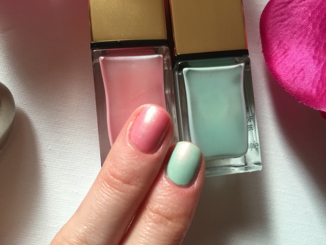 YSL Spring Boho Stones 2016 make up collection. YSL La Laque Couture # 69 Love Pink, YSL La Laque Couture # 70 Peace Green
