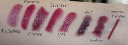 Мои темные помады: Maybelline, Rimmel, Catrice, Seventeen, Ysl, Mac, Sephora + карандаш L'etoile Lingerie