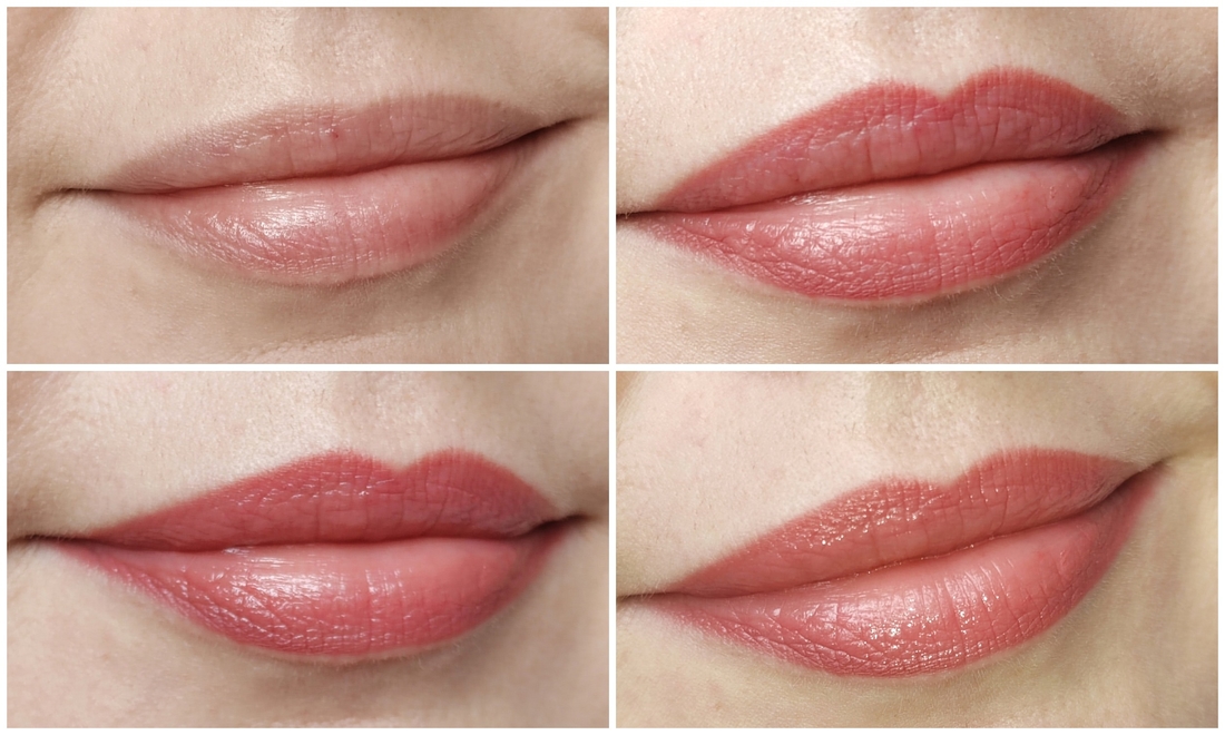 Слева вверху - губы до помады, справа вверху - с карандашом Influence Beauty Lipfluence Automatic Lip Pencil № 04, два фото внизу - уже с помадой поверх карандаша.