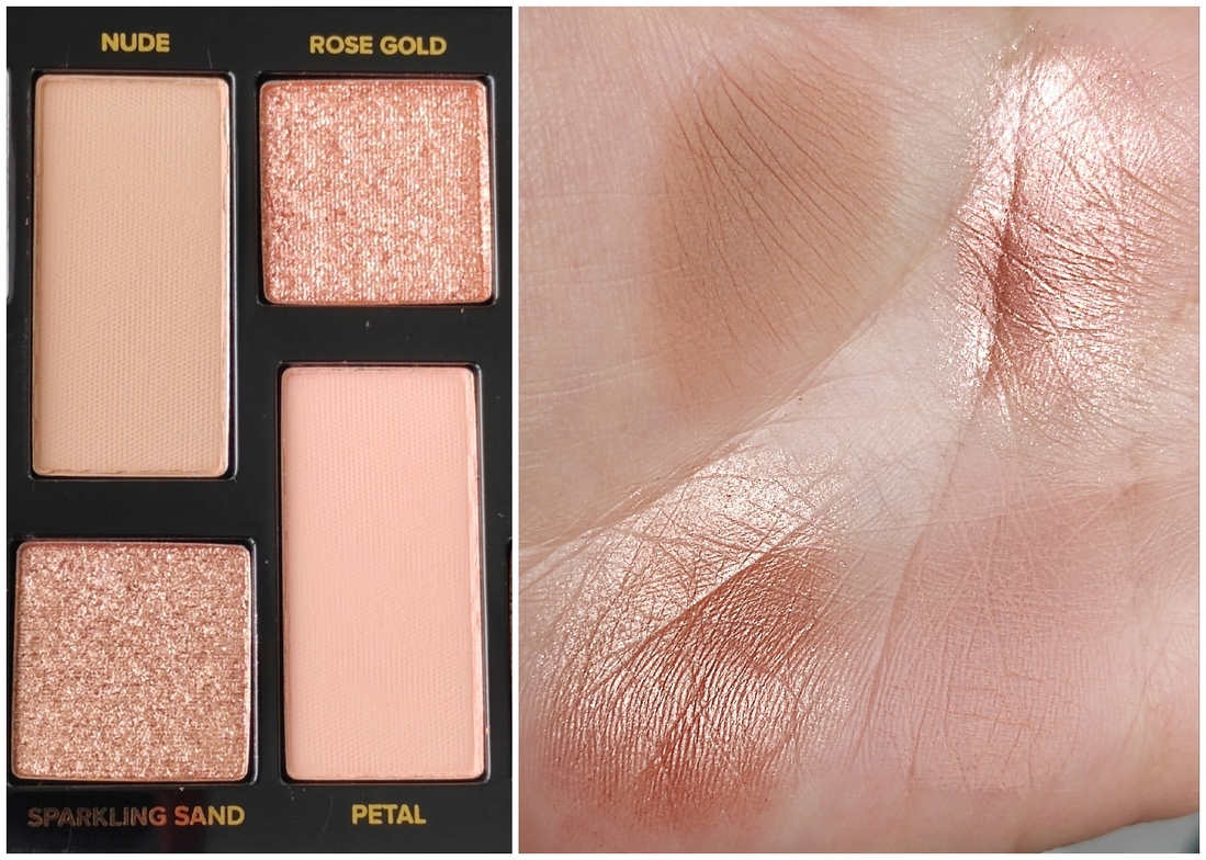 Sparkling sand и Rose Gold - медные металлические цвета. Имеют более крупный помол, хорошо набираются пальцем. При растушевке кистью осыпаются под глаза.