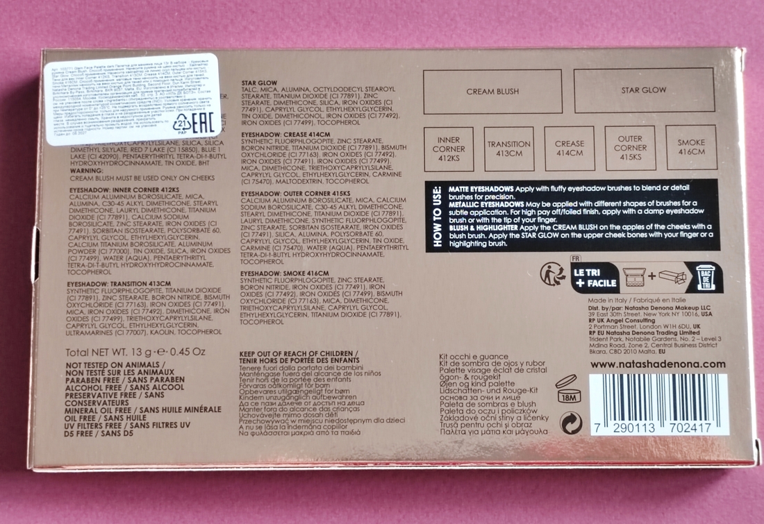 Обратная сторона коробки, с полной информацией о палетке, а также, названием всех оттенков