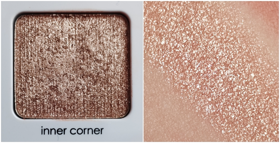Металлик цвета шампанского. Сам оттенок желтоватый, но в составе много серебристых блесточек, что делает оттенок более нейтральным и подходящим для нанесения во внутренний уголок, а также, на подвижное веко.