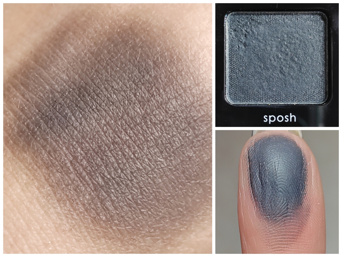 Матовый с пудрово-кремовой текстурой. Плешивет при нанесении, надо наслаивать до однородного цвета. Цвет серо-черный, на коже выходит сильный серо-синий подтон. В макияже это наглядно видно будет. И это единственный оттенок, который скатывается!