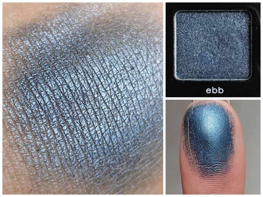 Сатиновый металлик глубокого темно- синего цвета. При разном освещении выглядит то черно-синим, то синим с графитовым подтоном. Мягкий по текстуре, послушный, хорошо тушуется и не осыпается