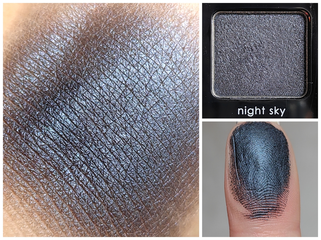 Сатиновый металлик, маслянистый, мягкий, послушный в работе и лёгкий в растушевке. Цвет насыщенный пигментированный чёрный, с серым подтоном. В составе мелкий цветной шиммер. Может осыпаться редкими хлопьями, которые размазываются по коже