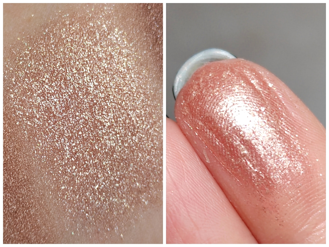 Красивый цвет шампанского, в составе множество мелких блесточек. Переносится плотной кистью практически без осыпания. Можно и пальцем. Единственный оттенок из палитры, который держится до 4 часов, а затем начинает незаметно скатываться. Визуально это малозаметно