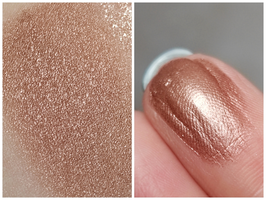 Тонкая кремовая текстура, не осыпается. В рефиле кажется более тёмным, на коже светлая медная бронза. В моно макияже смотрится бледно. Но красиво блестит на солнце. Скатывается!