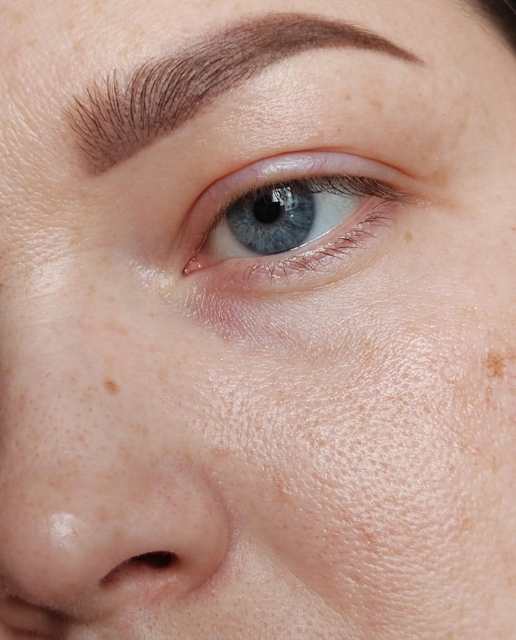 Чистая кожа, с увлажняющим кремом. Тонального крема нет. Дневное освещение