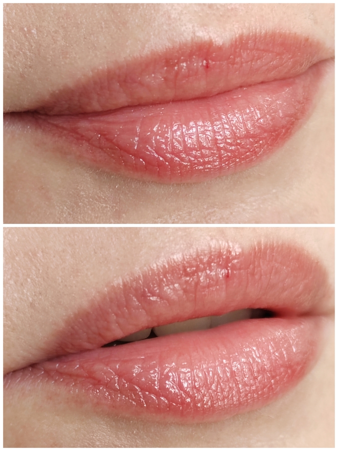 Чувствуется липкость, губам не хватает именно увлажнения. Со временем, даже такой тонкий слой, скатывается. Также, при разговоре слипаются губы