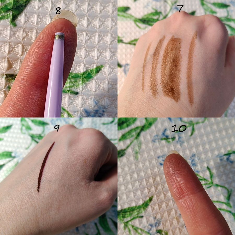 Свотчи декоративной косметики представлены под их номерами в тексте