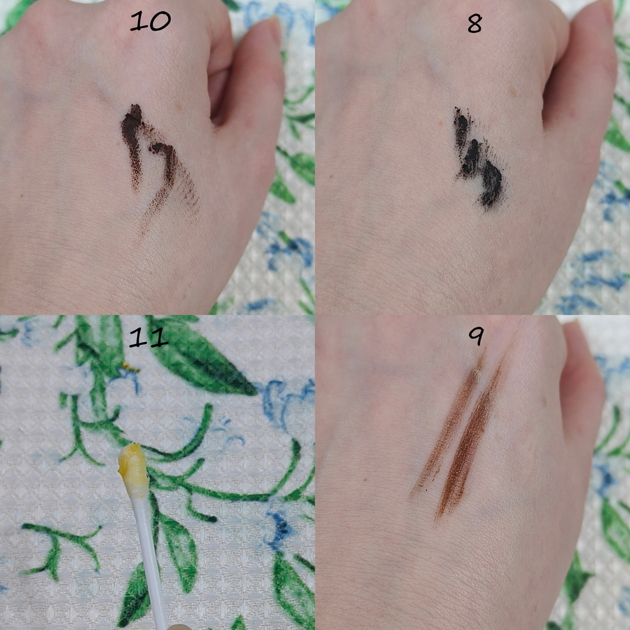 Свотчи оттенков декоративной косметики представлены под их номерами в тексте