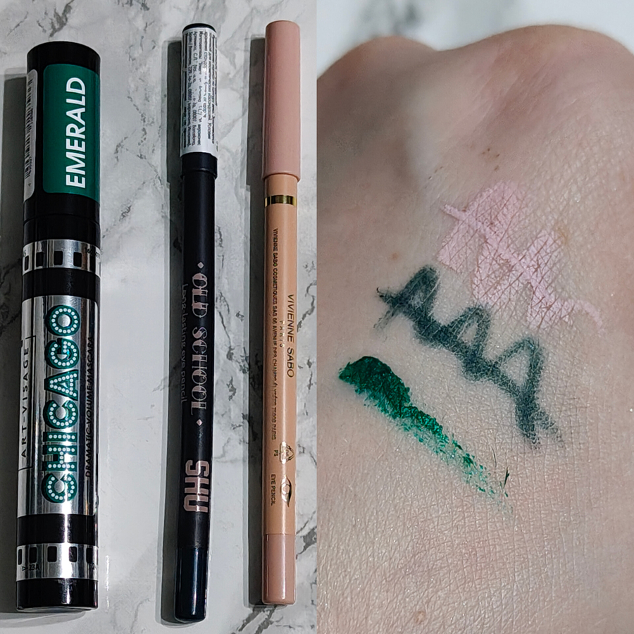 На фотографии представлены свотчи туши и карандашей для глаз, которые также использовались в макияже в пунктах 4 и 9