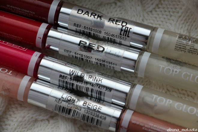Вот что я люблю! Жидкая стойкая помада-блеск Seventeen All Day Lip Color в оттенках 03 Light Beige, 07 Red, 08 Dark Red, 15 Wild Pink